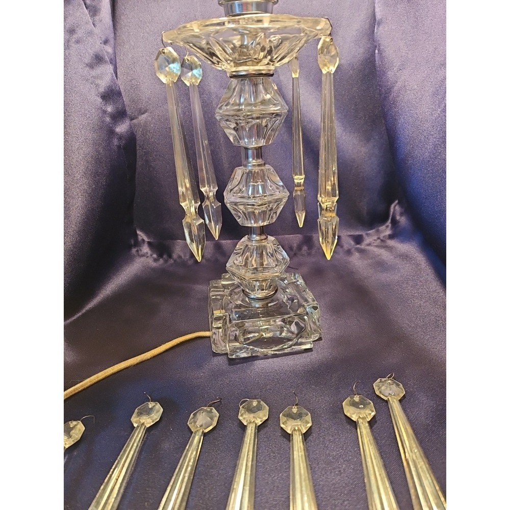 Antique Vintage Glass TABLE LAMP Plastic  Prisms Etched‎ Chimney Shade